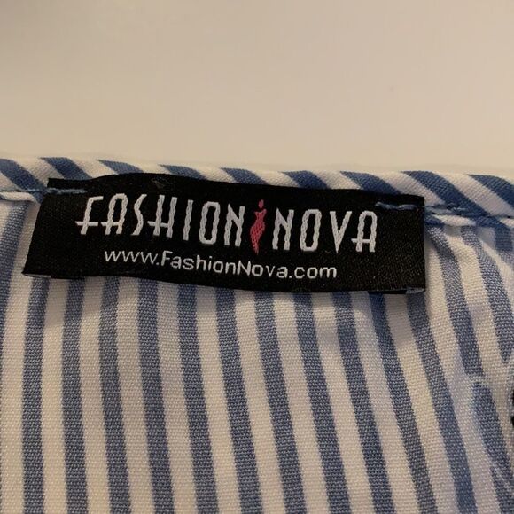 FASHION Nova blue white long sleeve cross top silky blouse ties at waist large - Picture 9 of 12